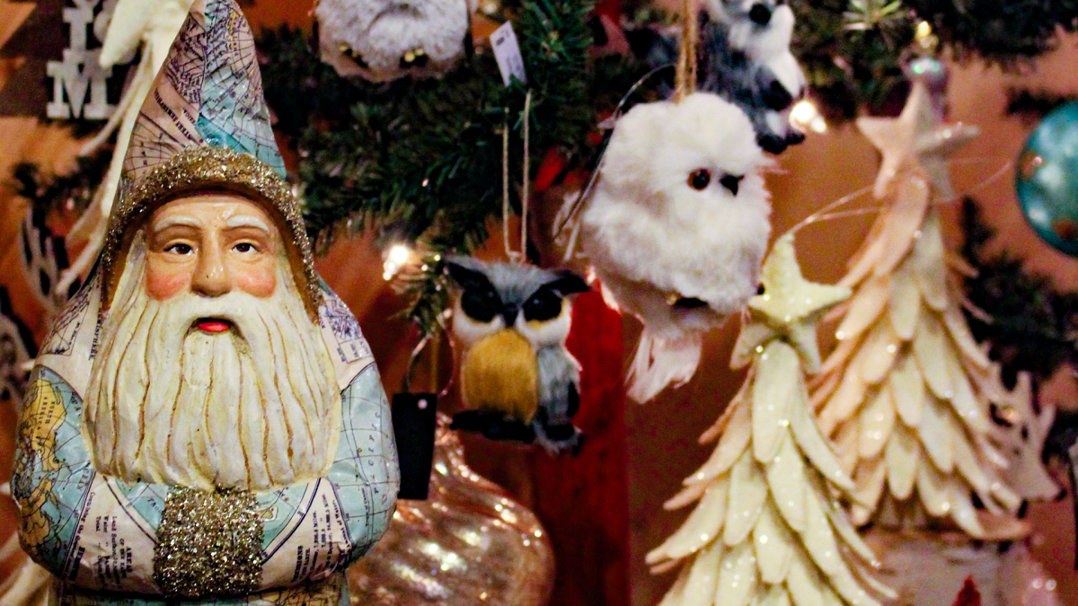 Owl ornaments and wintery Christmas decor on display