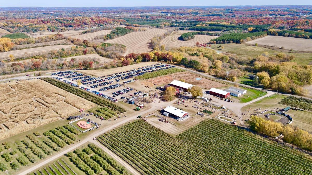 Drone view of Ferguson's Apple Orchard in the fall