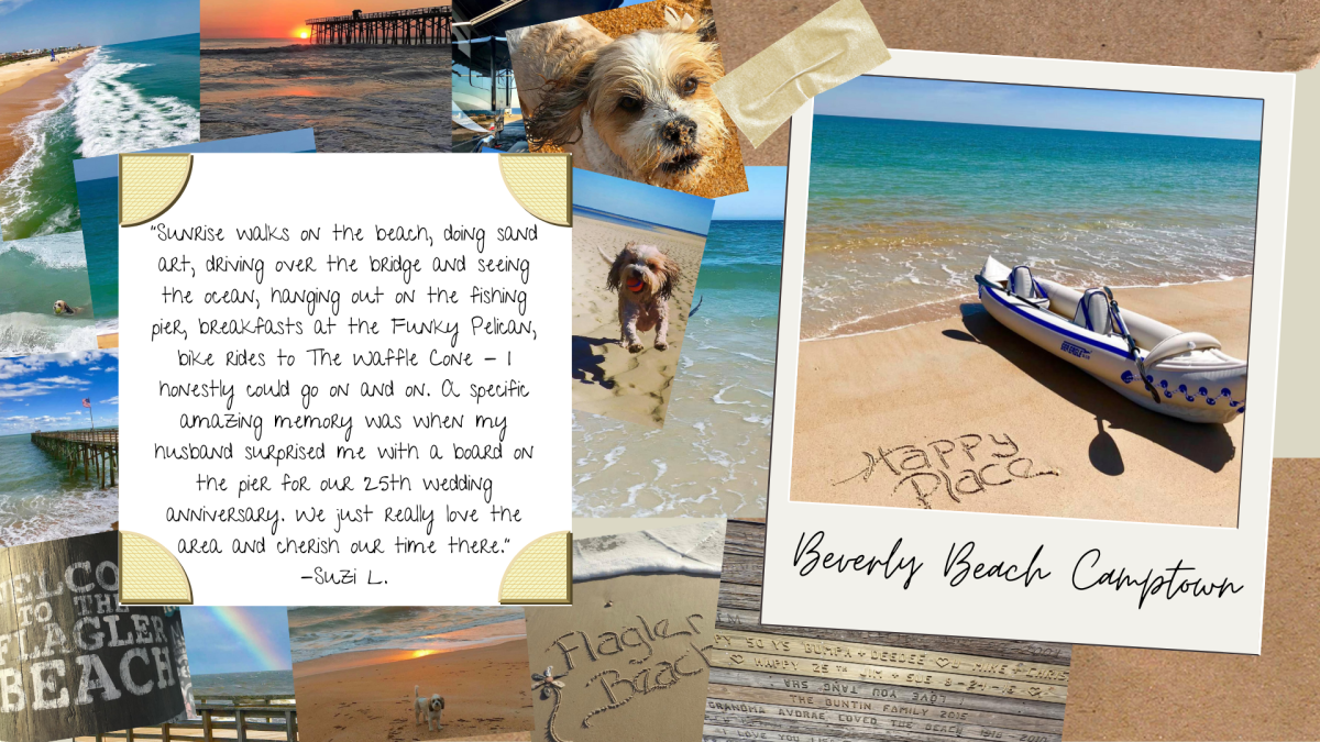 A picture collage of dogs and a canoe on Beverly Beach Camptown