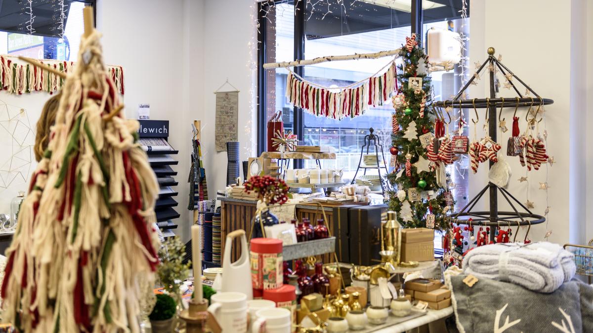 holiday gifts and home decor at a boutique store