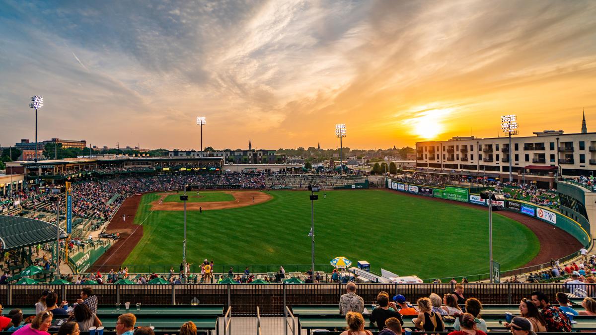 Sunset over a TinCaps baseball game at Parkview Field in Downtown Fort Wayne, Indiana