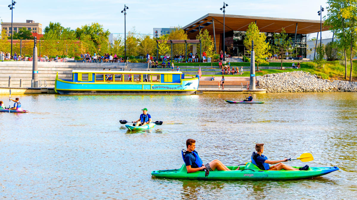 Kayakers at Promenade Park in downtown Fort Wayne