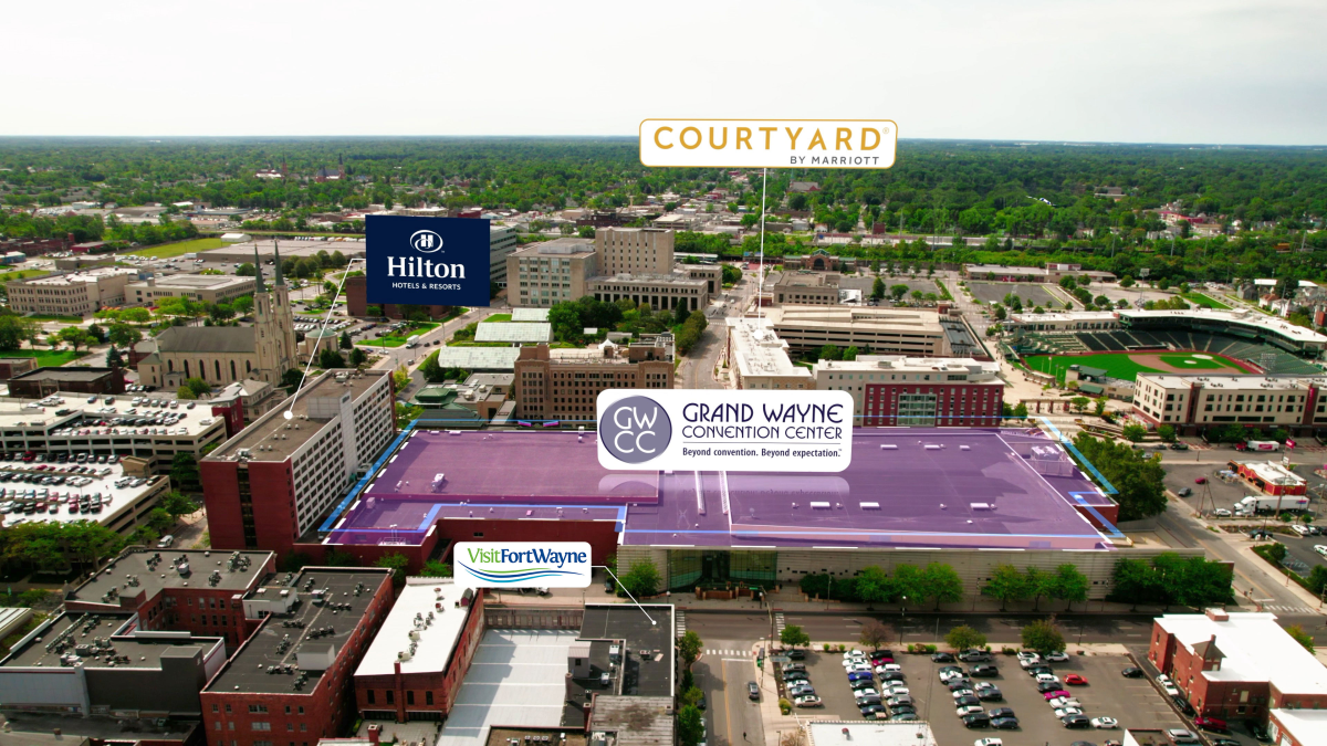 Skyline view of Grand Wayne Center with attached Hilton on the right and Courtyard across the street on the right
