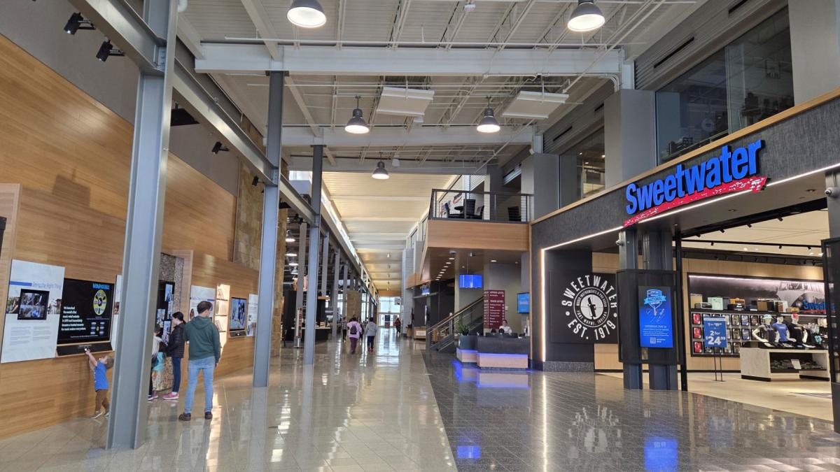Interior large hallway at Sweetwater Music store welcoming shoppers