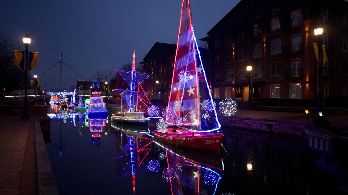 Lighted boats along Carroll Creek Park in Frederick, MD