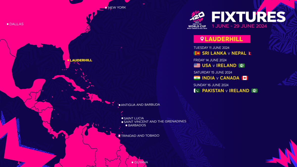 •	Tuesday, June 11: o	Sri Lanka vs Nepal •	Friday, June 14: o	USA vs Ireland •	Saturday, June 15: o	India vs Canada •	Sunday, June 16 o	Pakistan vs Ireland