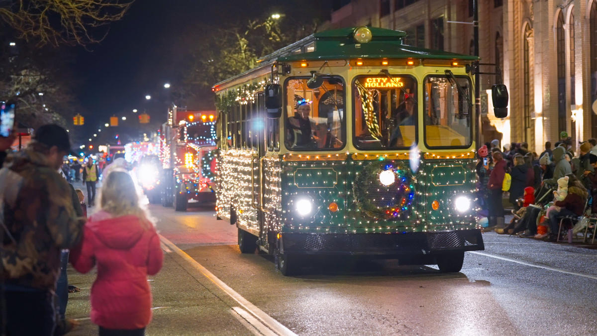 Trolley decked out with lights for the Holiday Parade of Lights