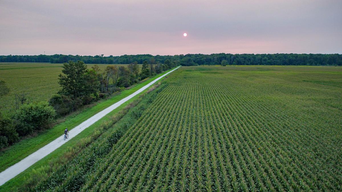 Aerial view of a bicyclist riding down a road next to a green field