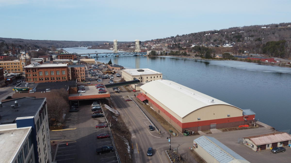 aerial view of historic downtown in spring thaw
