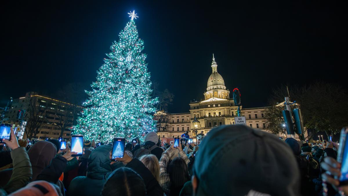 The state christmas tree lit up in a beautiful blue, green, white, and red lights in front the capitol building while crowds of people take photos