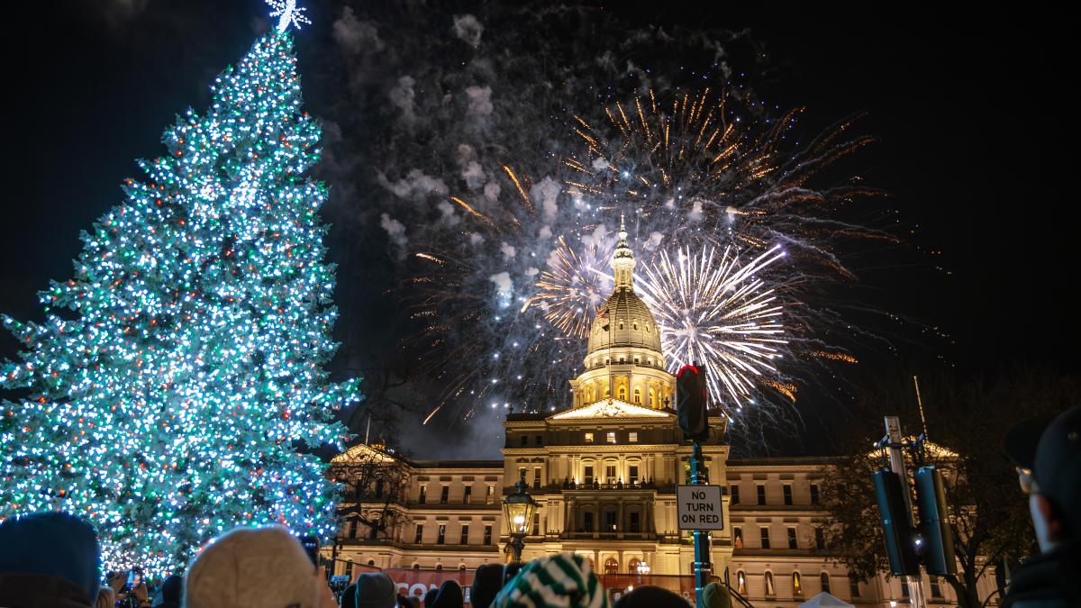 Fireworks exploding over the State Capitol Building with the state tree lit in the foreground.