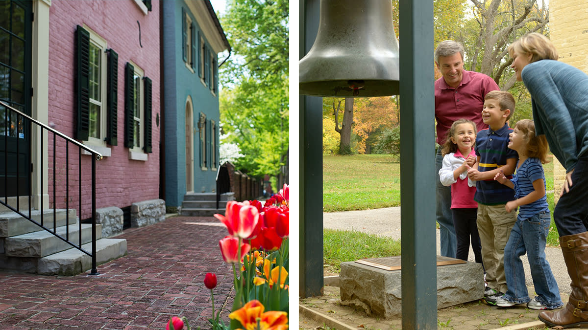 Pink house in historic Gratz Park and a family enjoying the grounds at Ashland, The Henry Clay Estate