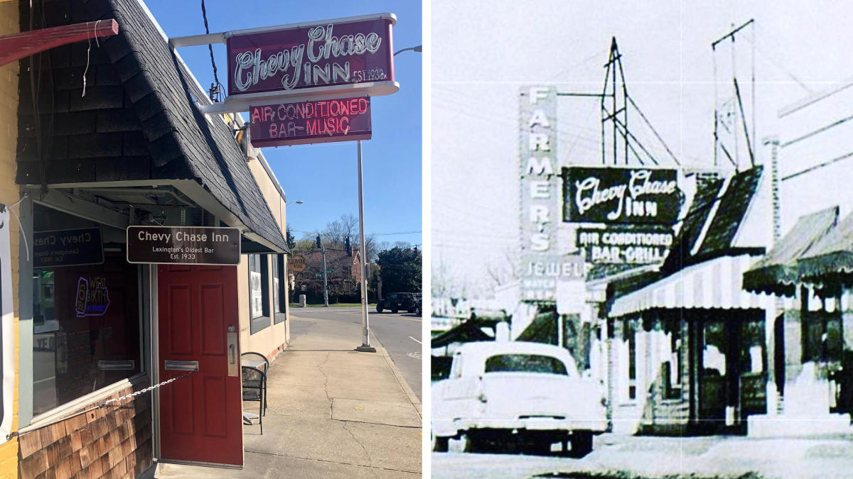 Side-by-side of current Chevy Chase Inn exterior and historic photo.