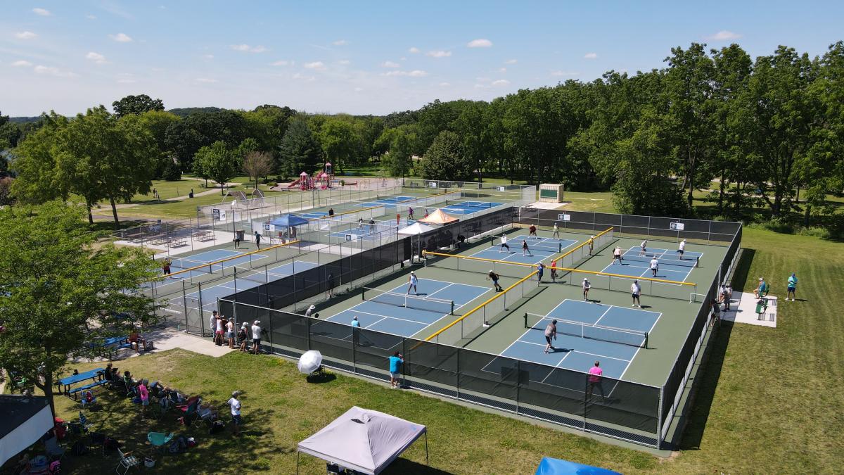 An overheard view of the pickleball courts at Wyndham Hills Park in Sun Prairie