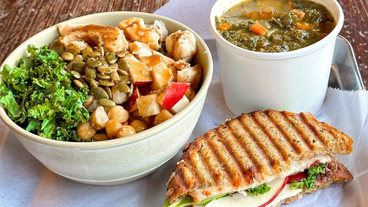 A salad, soup, and sanwich from Happy Hippie Aggieville