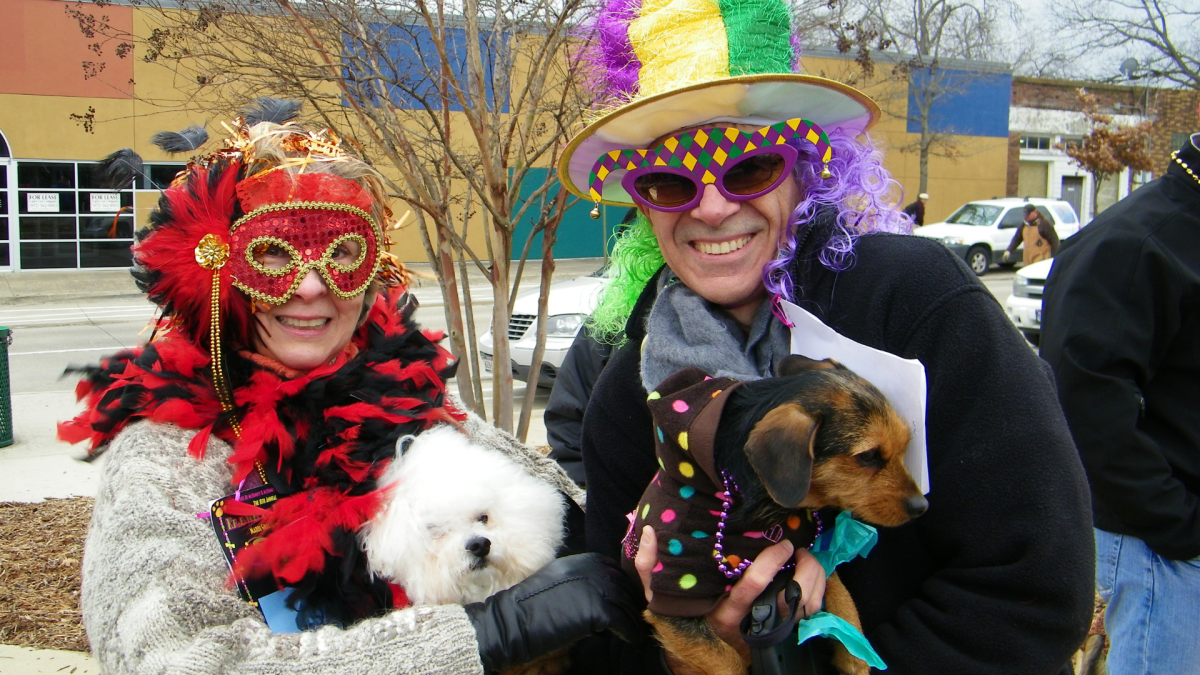 Couple dressed up in mardi gras attire holding their two dogs