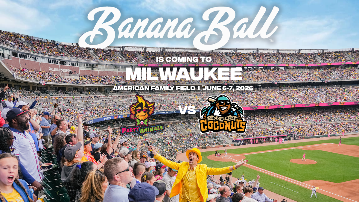 A packed baseball crowd at American Family Field cheers as a performer in a bright yellow suit and hat stands with arms wide open. The text reads “Banana Ball is coming to Milwaukee – American Family Field, June 6–7, 2026.” Team logos for the Party Animals and the Loco Beach Coconuts appear in the center, indicating an upcoming matchup.