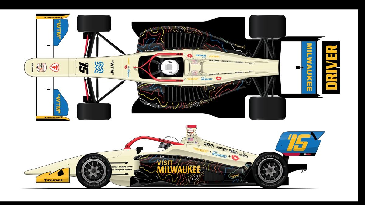 Rendering of Yuven Sundaramoorthy's No. 15 Indy NXT race car featuring Visit Milwaukee branding, Milwaukee Driver branding and a black graphic pattern with colorful route-inspired lines across the sidepods and engine cover.