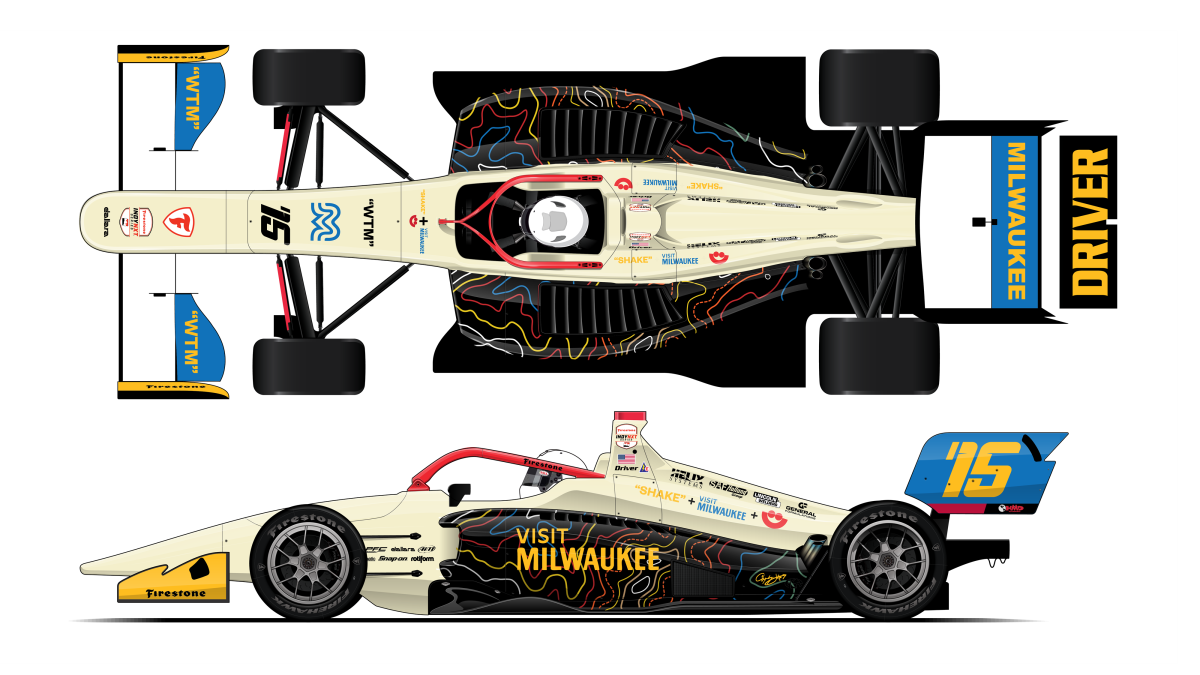Rendering of Yuven Sundaramoorthy's No. 15 Indy NXT race car featuring Visit Milwaukee branding, Milwaukee Driver branding and a black graphic pattern with colorful route-inspired lines across the sidepods and engine cover.