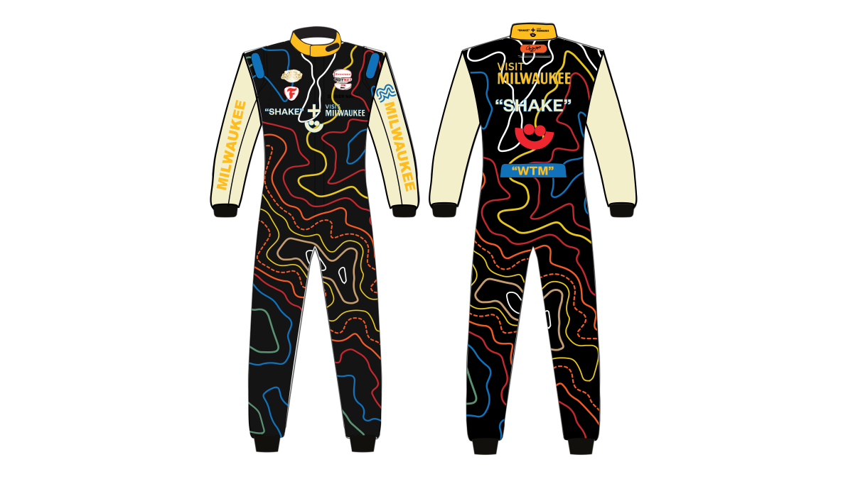 Front and back rendering of Yuven Sundaramoorthy's custom Indy NXT race suit featuring Visit Milwaukee and Milwaukee Driver branding with a black base and colorful route-inspired line graphics.