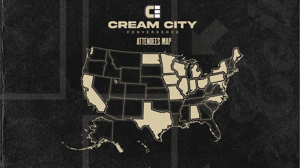 A map of the United States showing attendee representation for Cream City Convergence. States shaded to indicate attendees include California, Texas, Louisiana, Tennessee, Georgia, Florida, Wisconsin, Illinois, Indiana, Michigan, Ohio, Kentucky, Minnesota, Missouri, North Dakota, Colorado, Pennsylvania, New York, New Jersey, Virginia, Maryland, Massachusetts, and Alaska. All other states are unshaded.