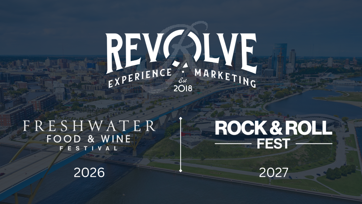Graphic showing Milwaukee’s skyline with the Hoan Bridge in the foreground. The logo for Revolve Experience Marketing appears at the top with the text ‘Est. 2018.’ Below, two upcoming events are listed: Freshwater Food & Wine Festival in 2026 on the left, and Rock & Roll Fest in 2027 on the right.