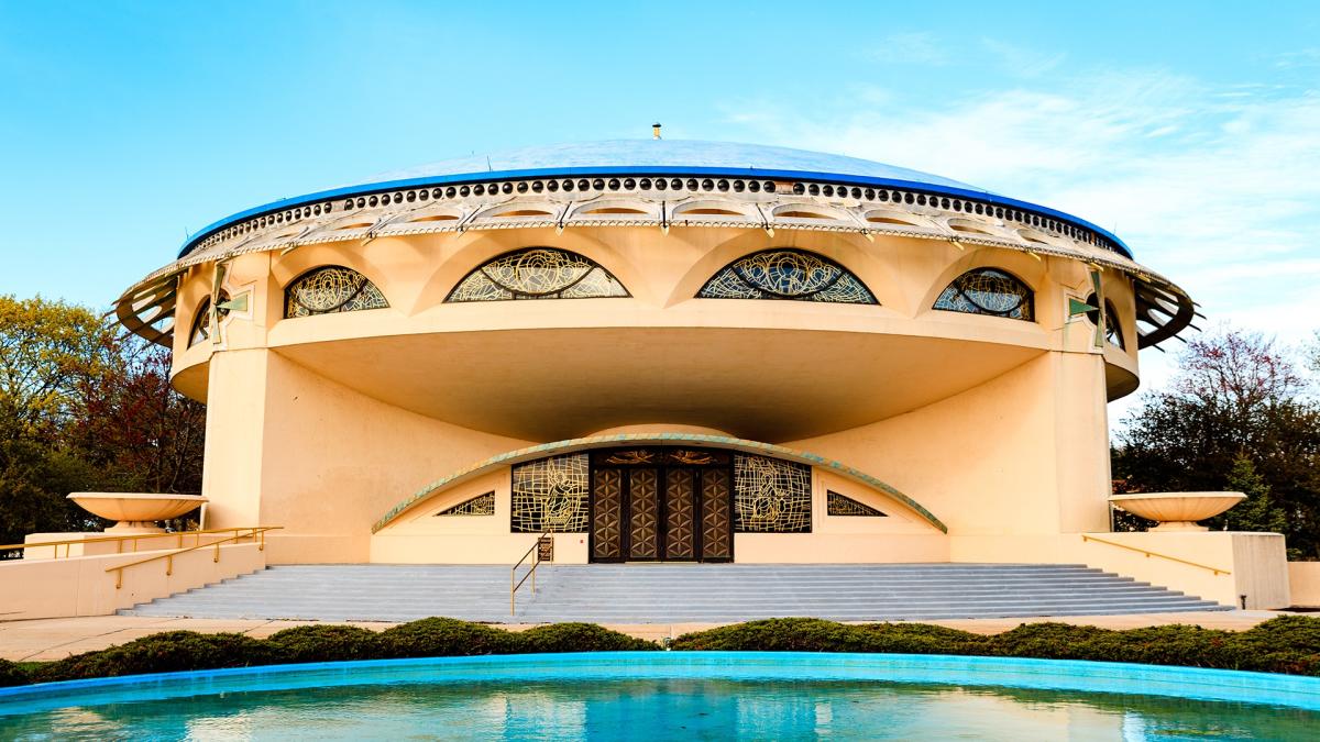wide shot of the exterior of annunciation greek orthodox church