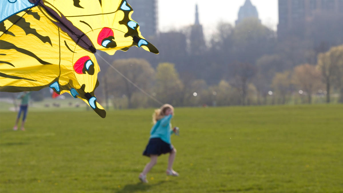 A young girl running into the distance holding a string attached to a kite shaped like a butterfly with yellow coloring on the body and black stripes and blue accents throughout the edges, all will bright green grass and the city skyline in the background.