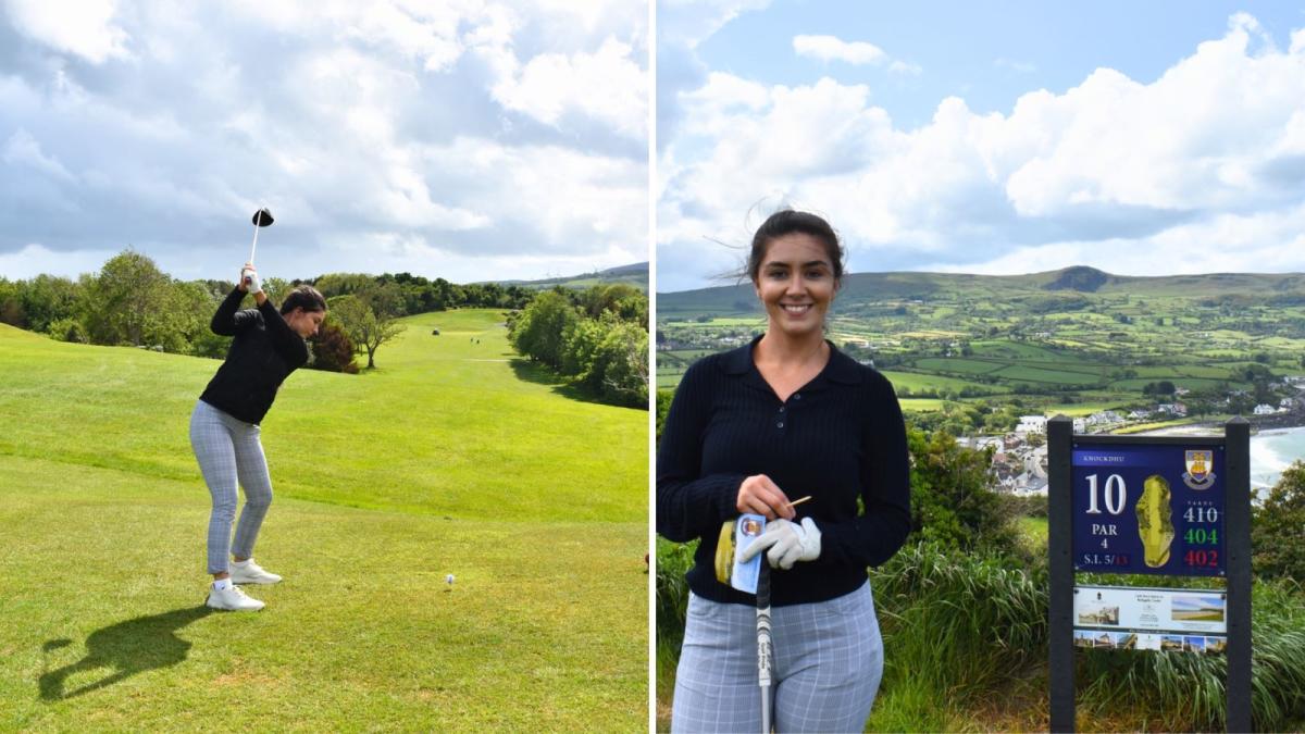 Girl with brown hair playing golf and also standing smiling for camera on golf green