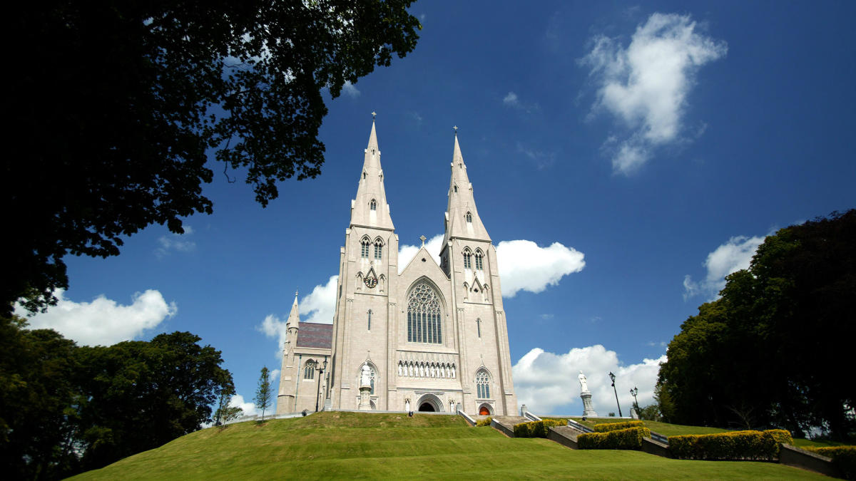 The front of St Patrick's Cathedral (Roman Catholic) in Armagh on a sunny day