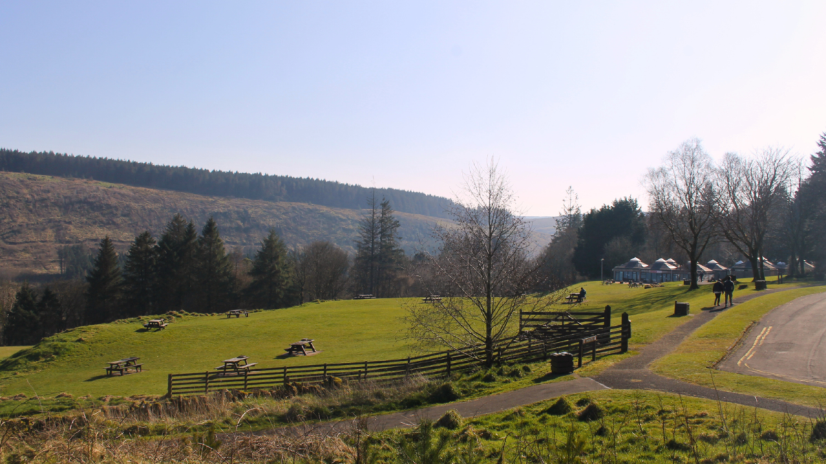 Multiple picnic benches at Glenariff Park with views of the mountains