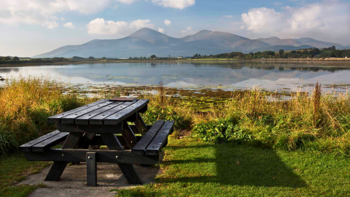 A picnic bench over looking Dundrum Bay