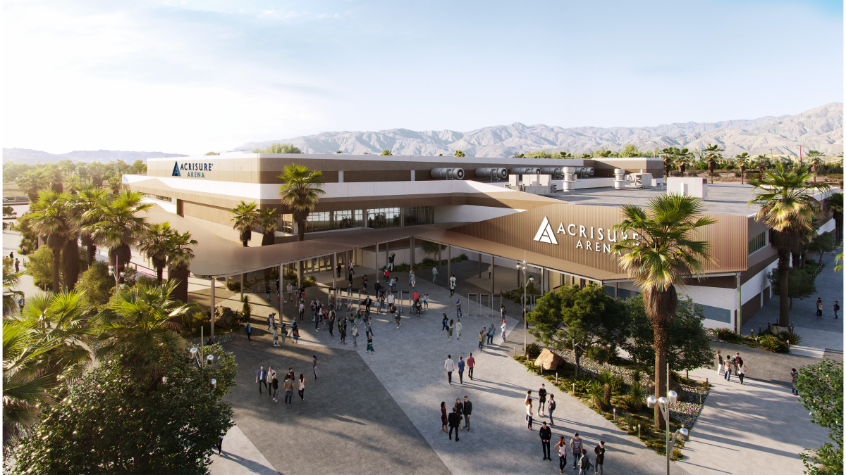 A rendering of the exterior of Acrisure Arena with people walking about.