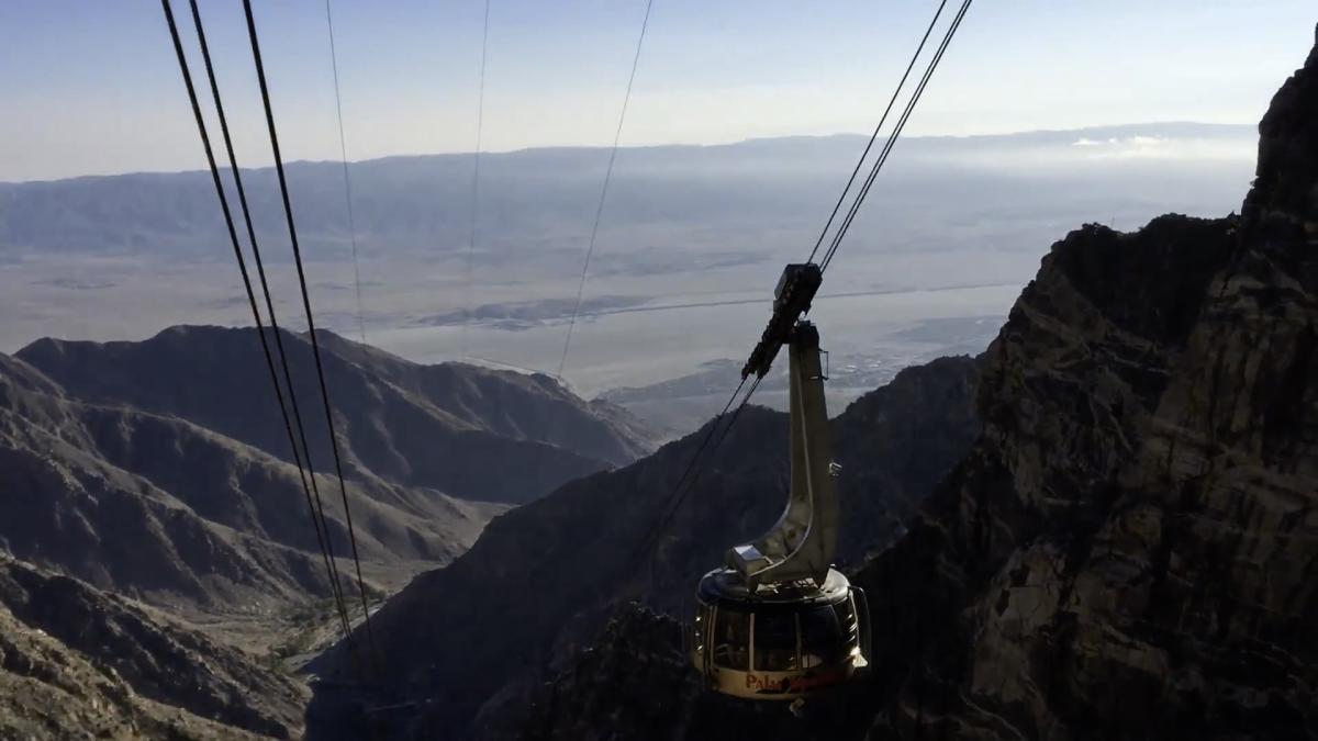 View of the cables for the Palm Springs Aerial Tramway stretching down San Jacinto Peak