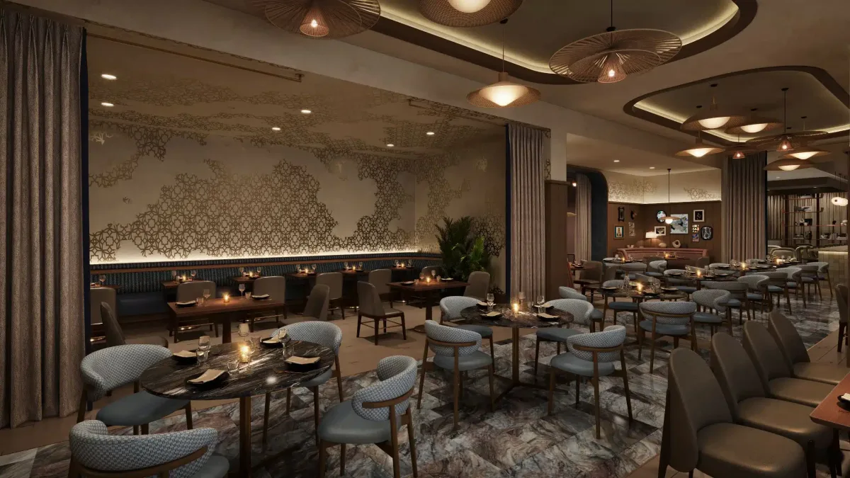 Elegant restaurant interior with ambient lighting, patterned accent wall, marble floors, and modern furniture arranged neatly with table settings.