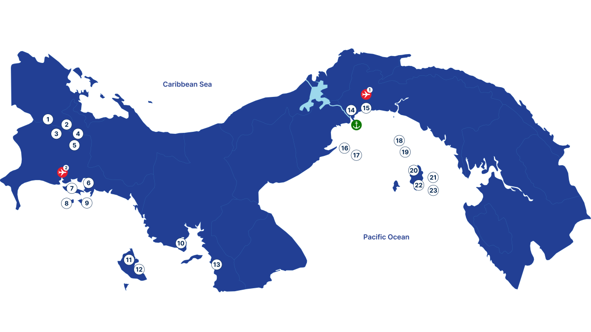 Route map for a 9‑day nautical itinerary along Panama’s Pacific Coast, with numbered stops from the Gulf of Chiriqui to the Pearl Islands Archipelago.