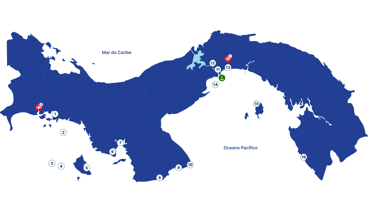 Mapa detalhado de uma rota de pesca esportiva de 12 dias no Panamá, mostrando 16 pontos de interesse numerados que abrangem desde o Arquipélago de Bocas del Toro no Caribe até o Golfo de Chiriquí, a costa de Azuero e o Arquipélago das Ilhas das Pérolas no Pacífico.