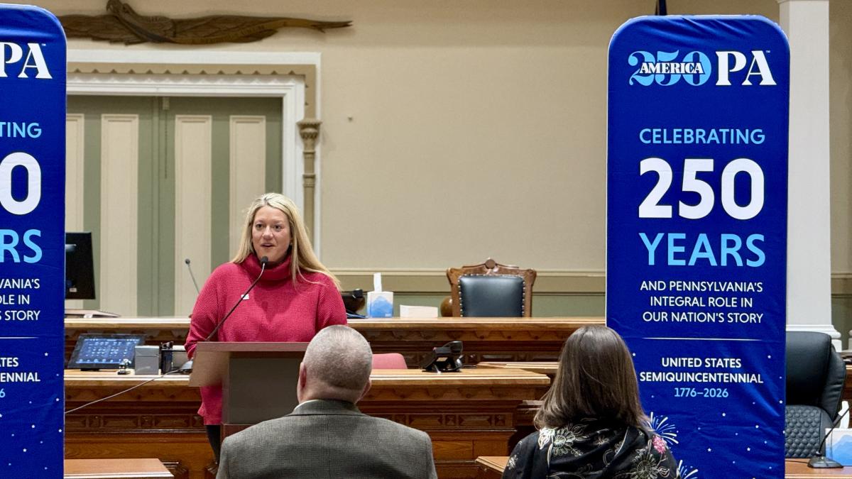 An individual speaking at Wayne County's America250PA kick-off event