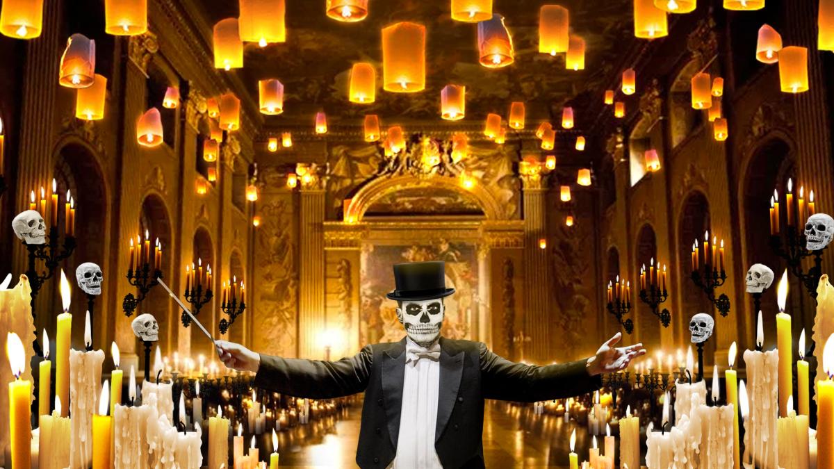 A skull-faced conductor in a top hat leads The Rock Orchestra in an ornate hall illuminated by hundreds of glowing candles and hanging lanterns.