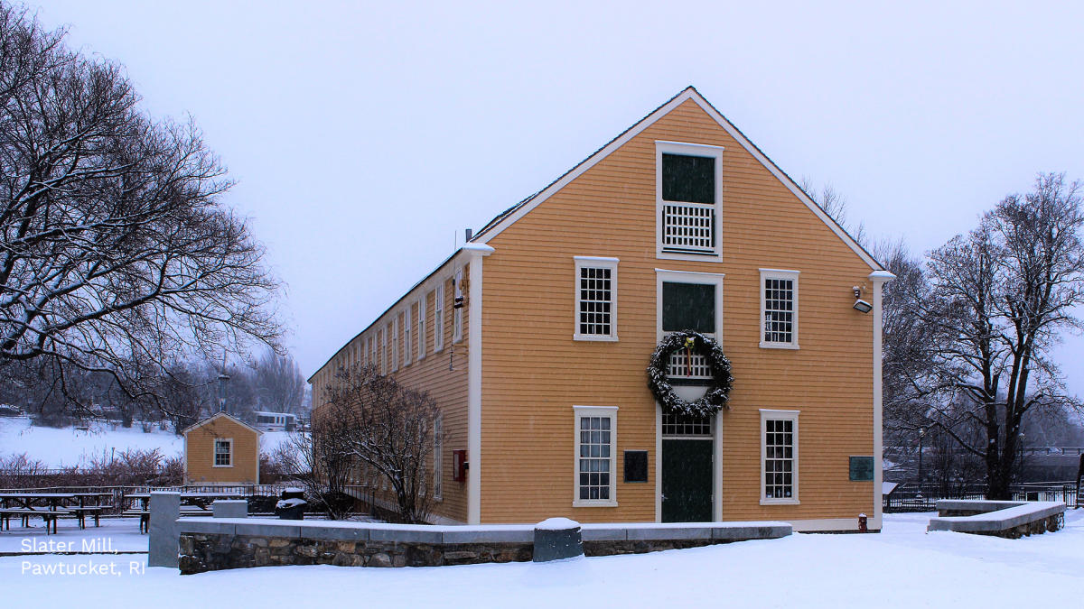 Mill exterior, snow and a Christmas wreath