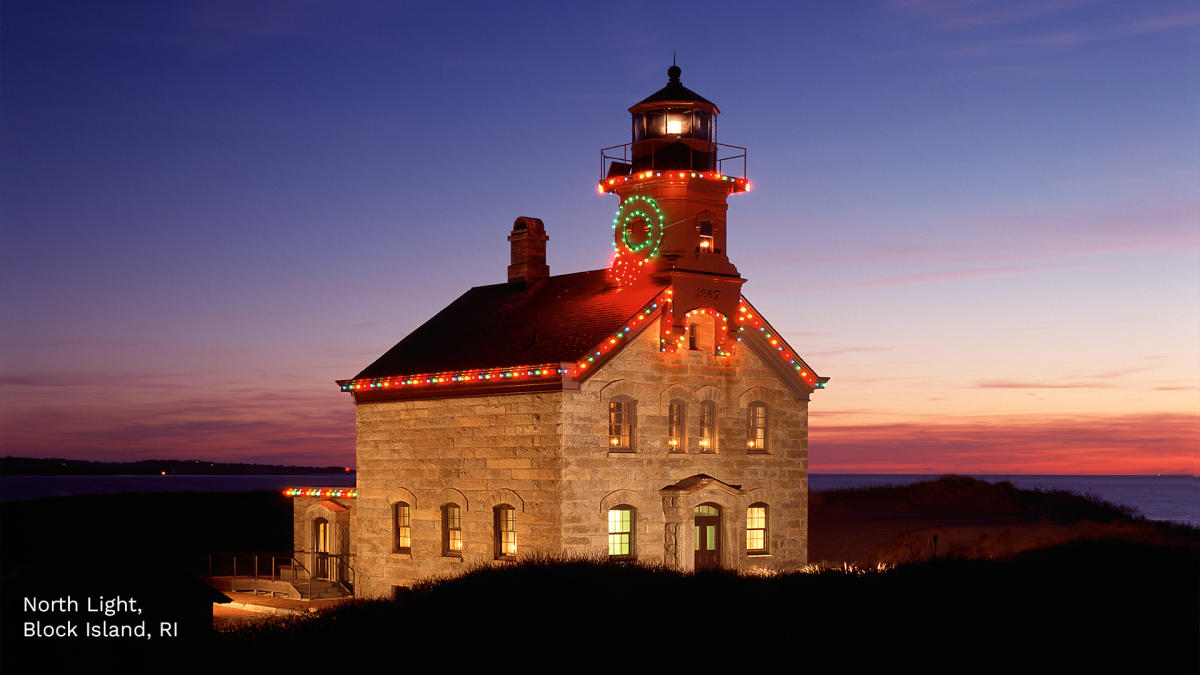 Lighthouse with Christmas lights.
