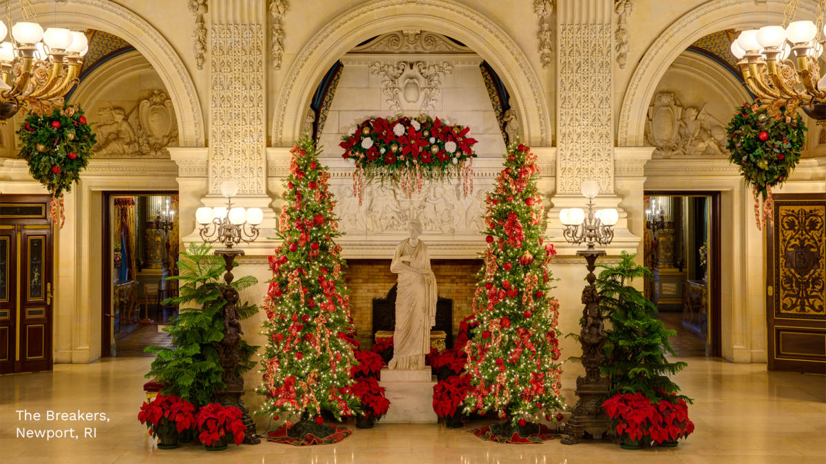 Interior of the mansion, decorated for the holidays