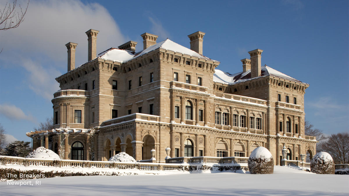 Mansion exterior in the snow