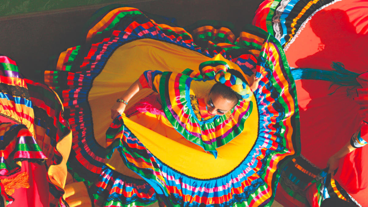 Overhead view of Folklorico dancers in brightly colored dresses