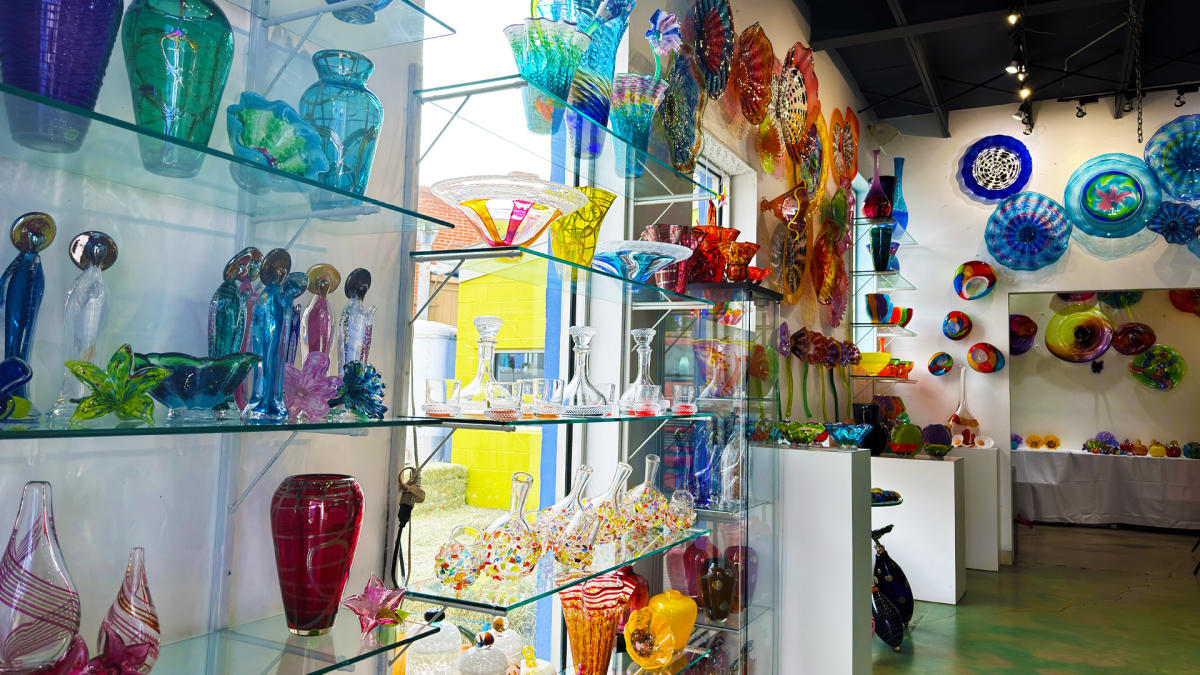 Exhibit room with glass blown art