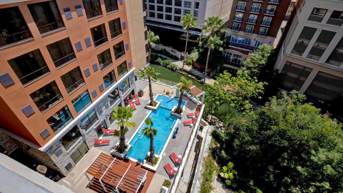 Overhead view of outdoor hotel pool