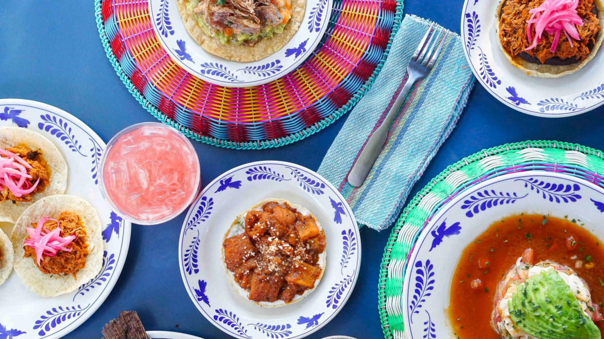 Overhead view of Mexican cuisine spread