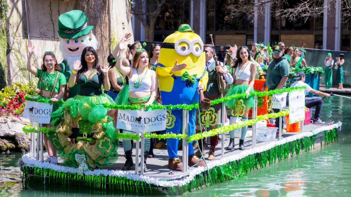 River float with costumed characters dressed for St. Patrick's Day