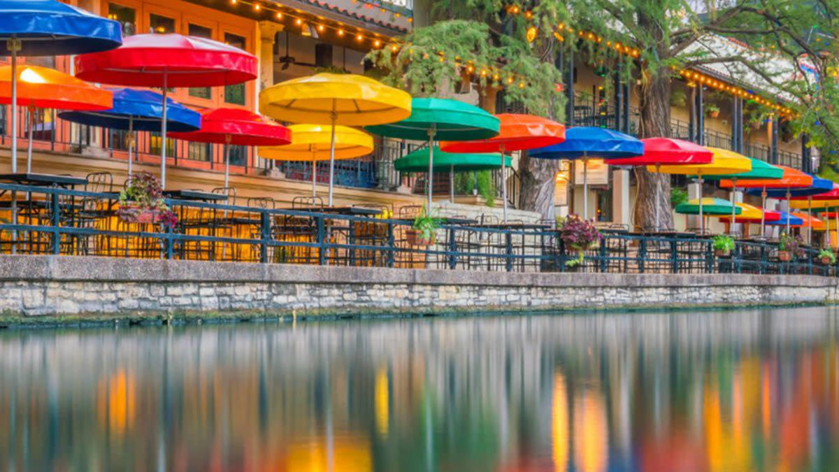famous umbrellas along the San Antonio River Walk