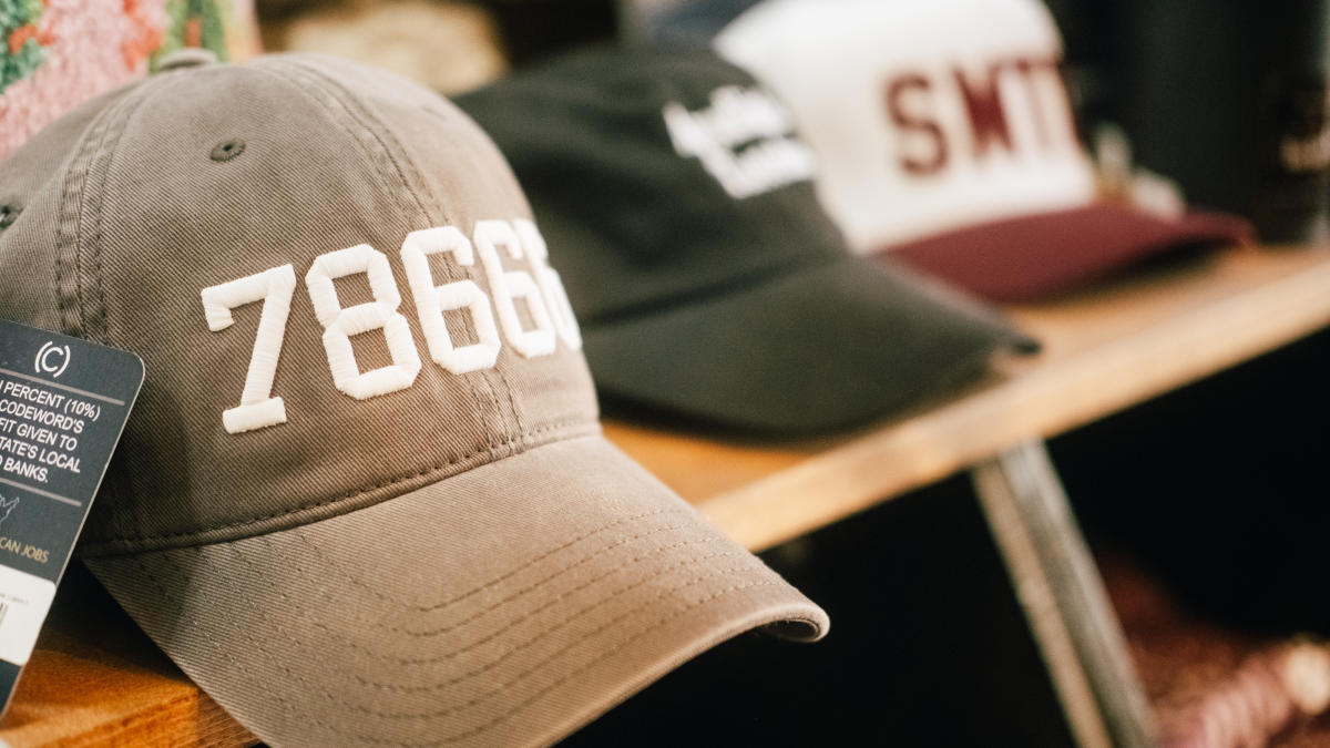 A few San Marcos themed hats found at The San Market in Downtown San Marcos, Texas